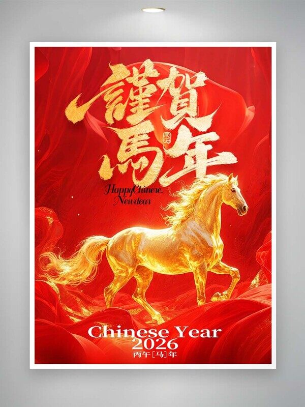 贺新年光影金马丙午马年红色丝带背影海报