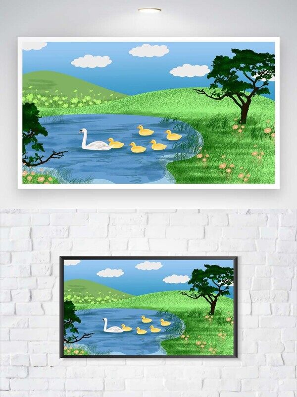 绿地树荫天鹅与小黄鸭在湖水里嬉戏卡通插画