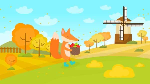 秋天你好蓝天白云绿草地秋天里的狐狸插画