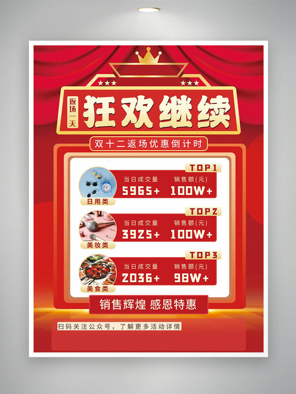 红色背景双十二返场优惠狂欢促销海报