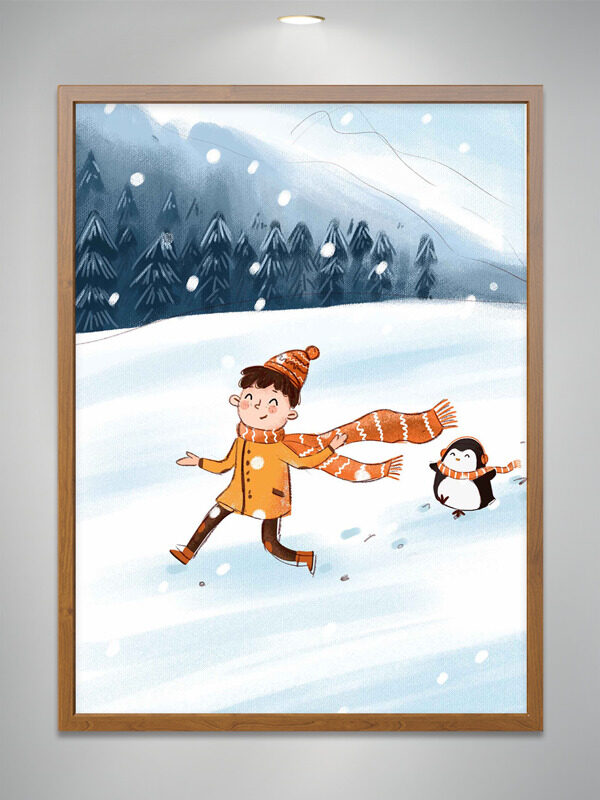 文艺简约冬季雪景守护卡通少年企鹅嬉戏插画