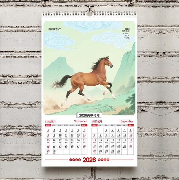绿草群山中棕马奔腾马年年底十一十二月份挂历