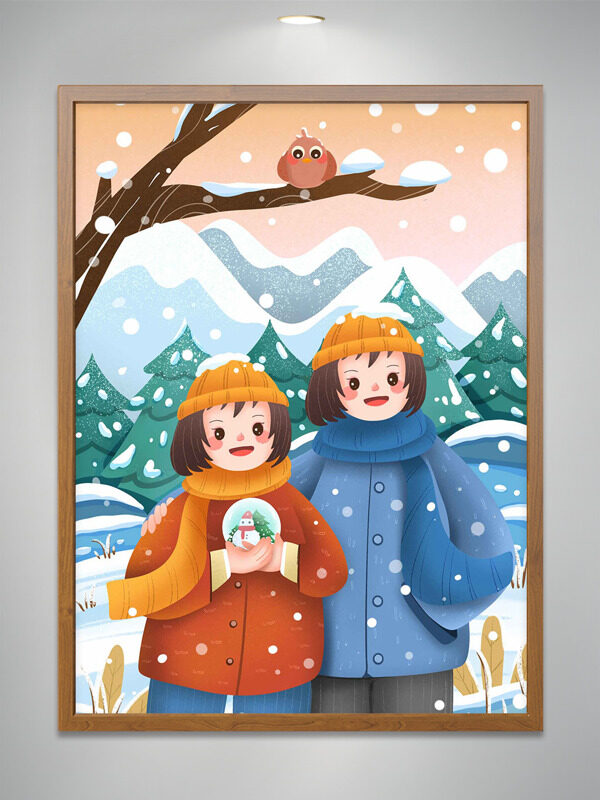 手绘扁平卡通人物雪地合影简约创意插画