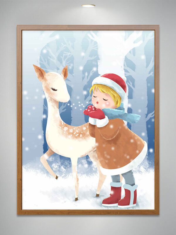 温馨冬日卡通麋鹿小女生雪地插画