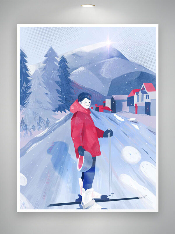 清新文艺背景手绘卡通人物户外滑雪插画