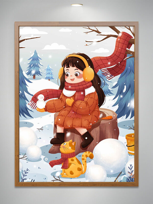 扁平卡通女生小猫雪人唯美冬日主题插画