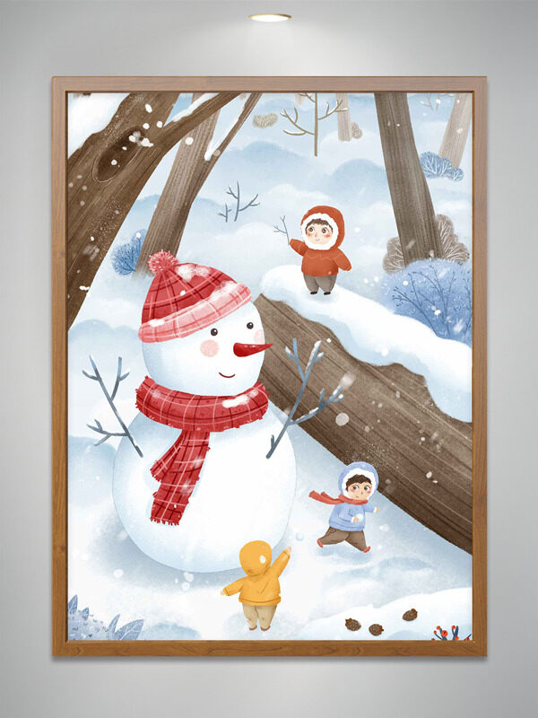 可爱卡通儿童雪地打雪仗堆雪人插画