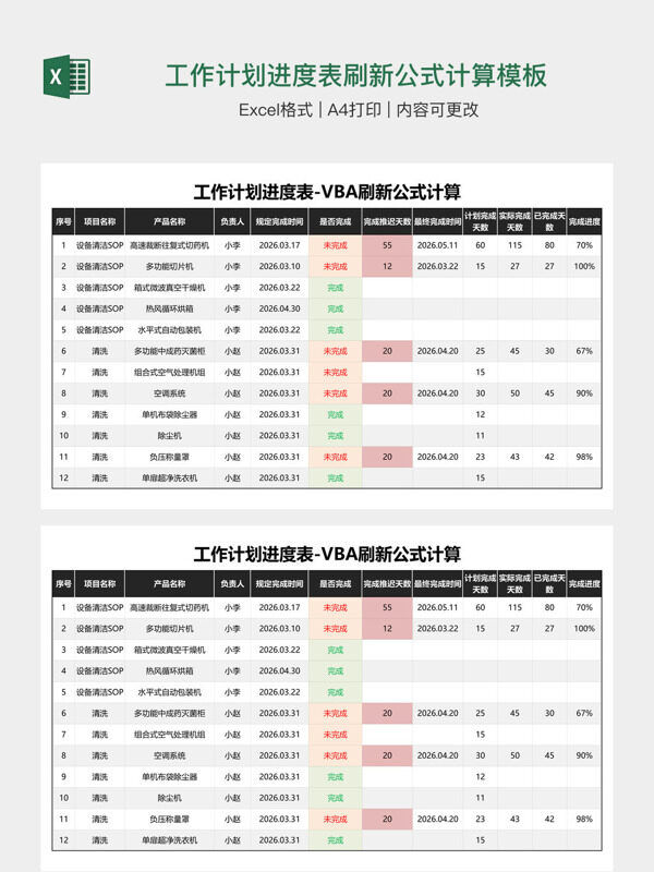 工作计划进度表刷新公式计算模板