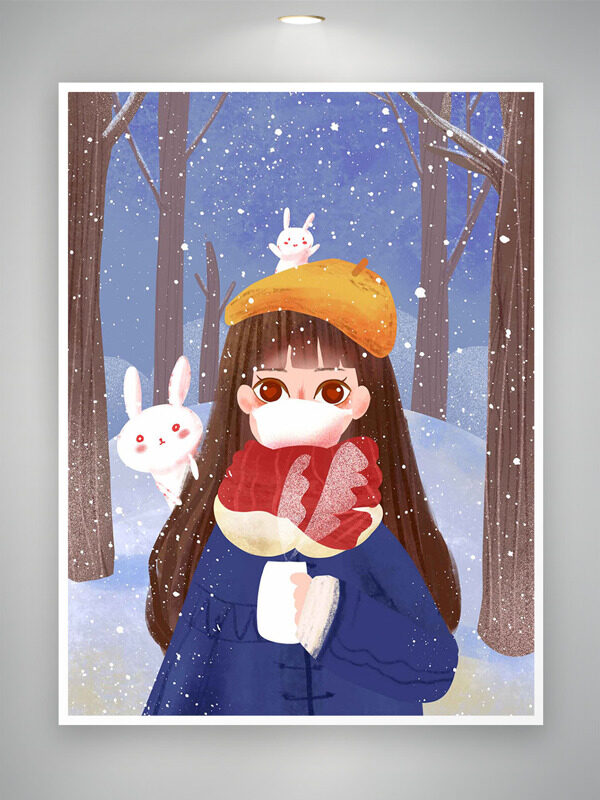 创意手绘卡通女生冬日森林飘雪插画