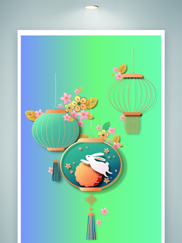 国潮蓝绿渐变中秋节月亮兔节日插画
