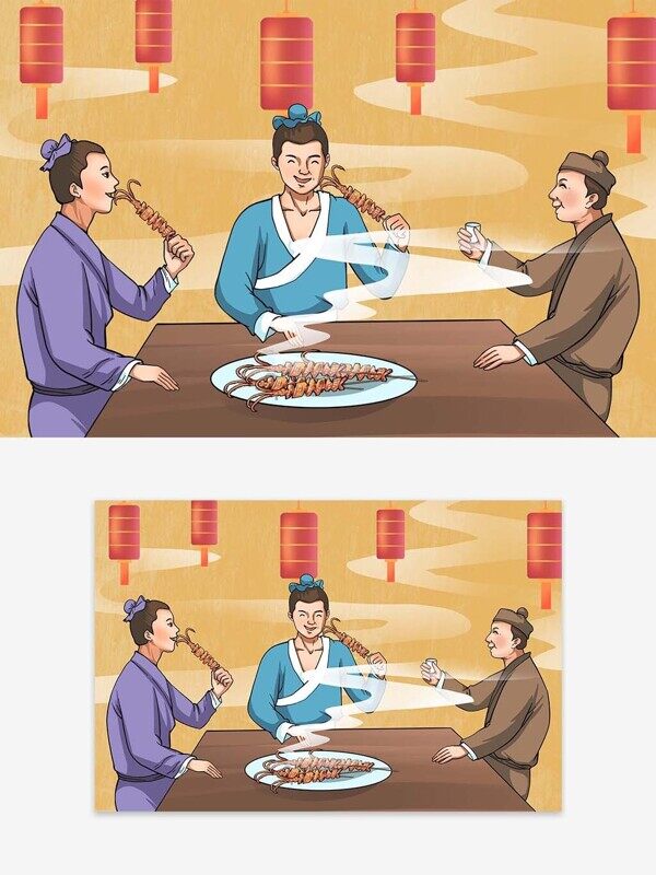 手绘卡通三兄弟在桌上吃飘香烤大鱿鱼喜庆红灯笼插画