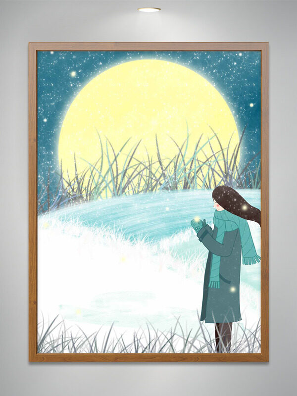 清新文艺手绘卡通女生户外冬景插画