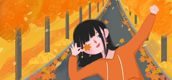 秋天你好金秋扁平插画卡通可爱秋季落叶金黄