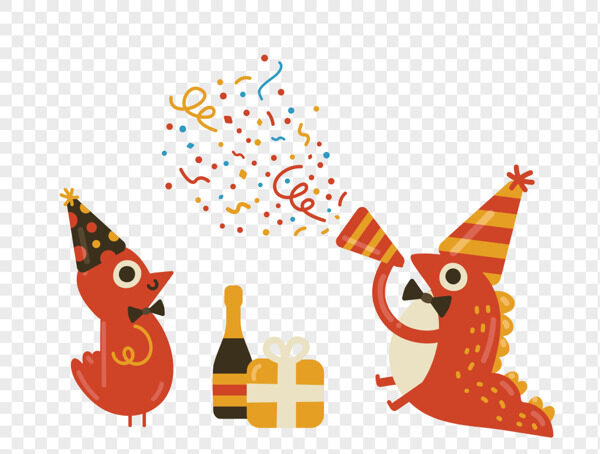 手绘卡通红色小恐龙给小鸟喝香槟庆祝生日插画