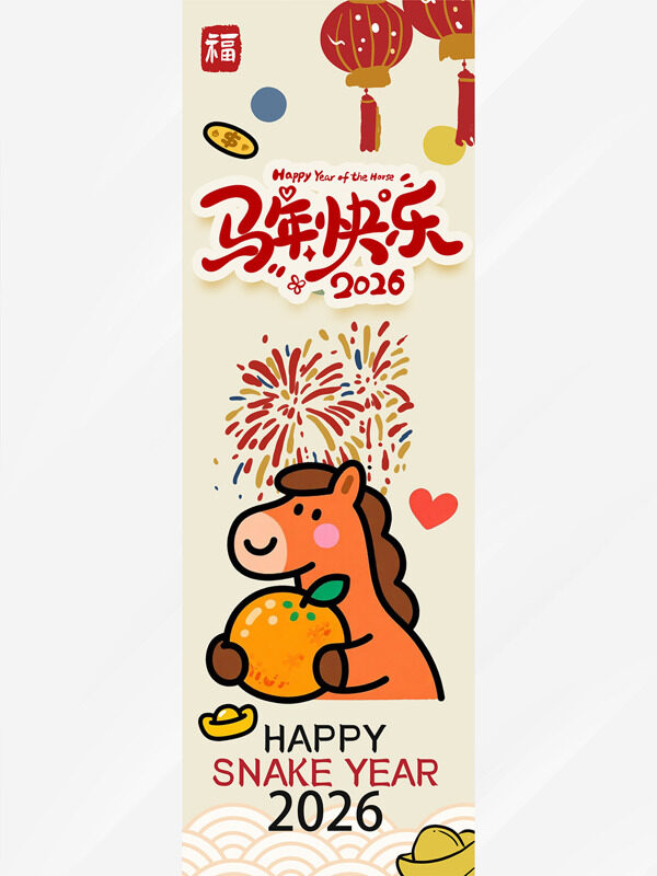 烟花图案可爱马喜庆装饰2026马年大吉吊旗
