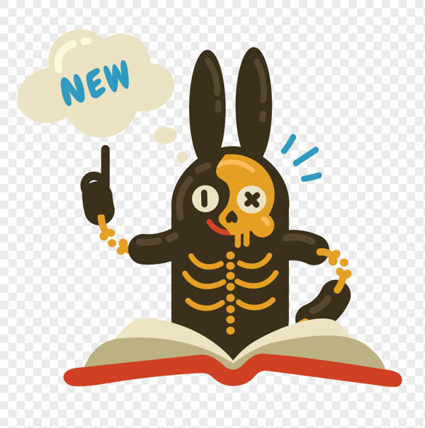 手绘卡通黑黄骷髅小兔子学习看书学知识插画