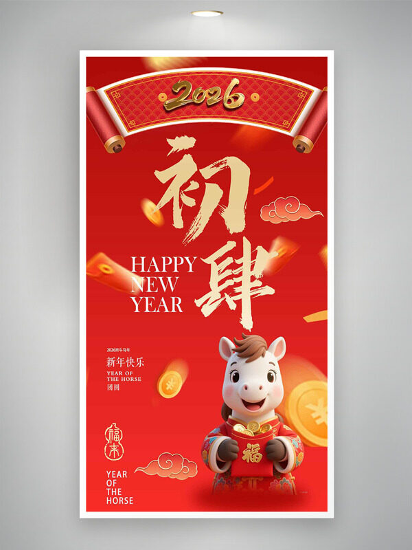 大年初四卡通小马新年快乐红色年俗海报