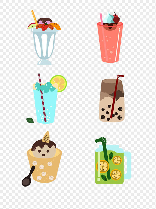 冰淇淋手绘卡通奶茶酸奶珍珠吸管下午茶免抠饮品