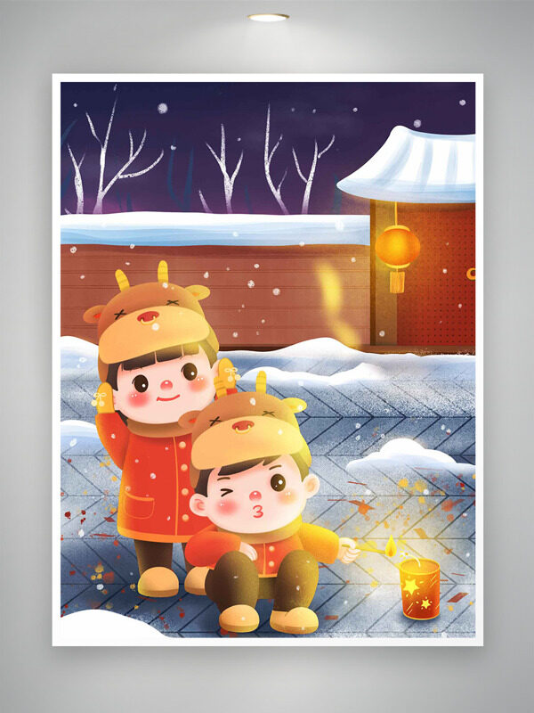 卡通小孩放鞭炮过年氛围喜庆插画