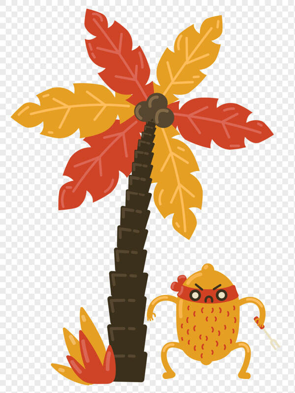 手绘红黄椰子树夏小柠檬生气跳脚插画