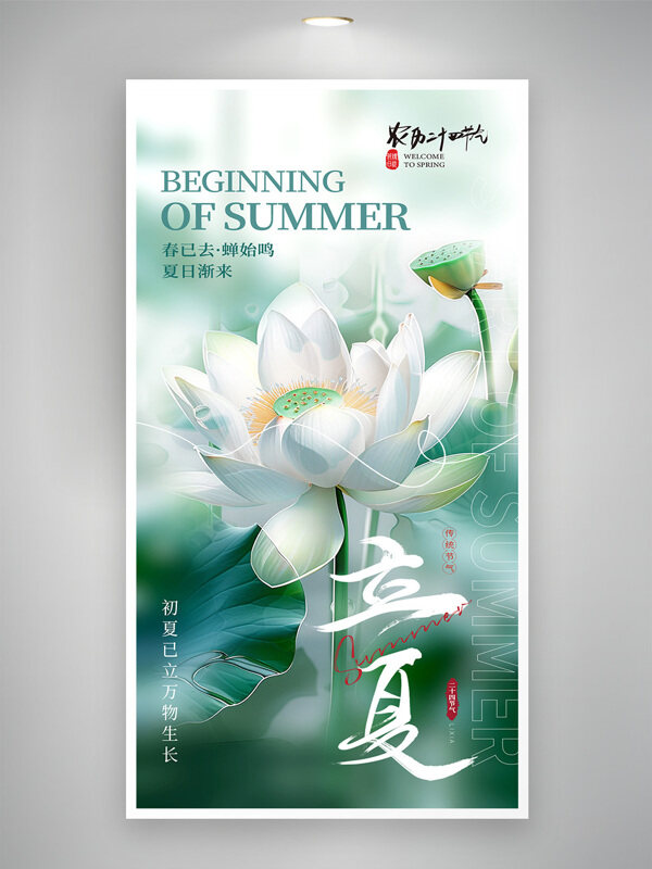 白色莲花中国风初夏时节立夏节气朋友圈海报