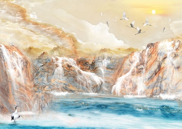 山水画瀑布鹤背景墙图片