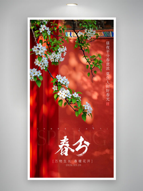 春暖花开万物生长红墙背景春分节气海报