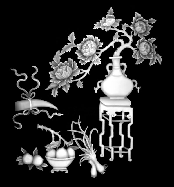 牡丹花花瓶八宝浮雕灰度图