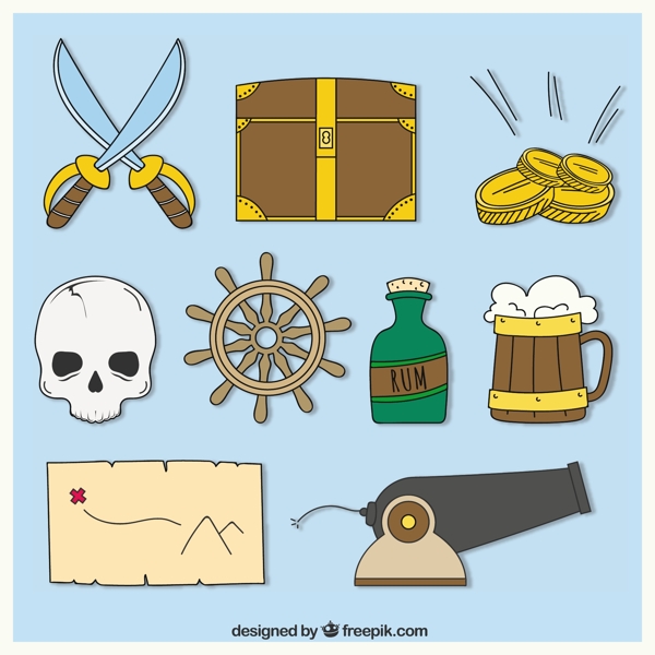 手绘各种海盗物品图标