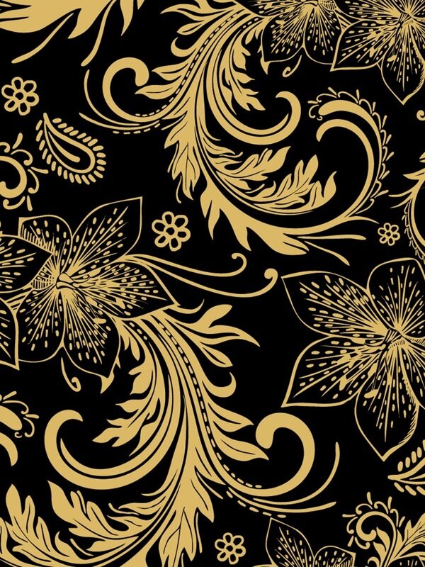 传统 欧式俄式花卉底图底纹  图案背景贴图 黑底金色长凤尾花