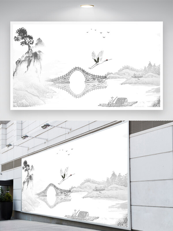手绘水墨山水中式插画背景墙  