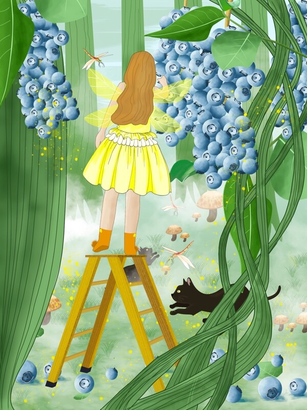 原创手绘插画藤蔓树下的蓝莓女孩和猫
