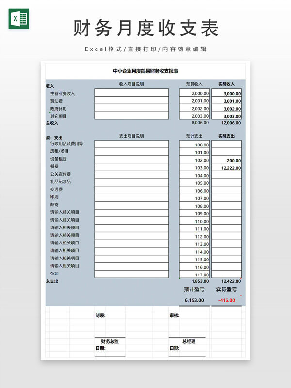 中小企业月度财务收支表报