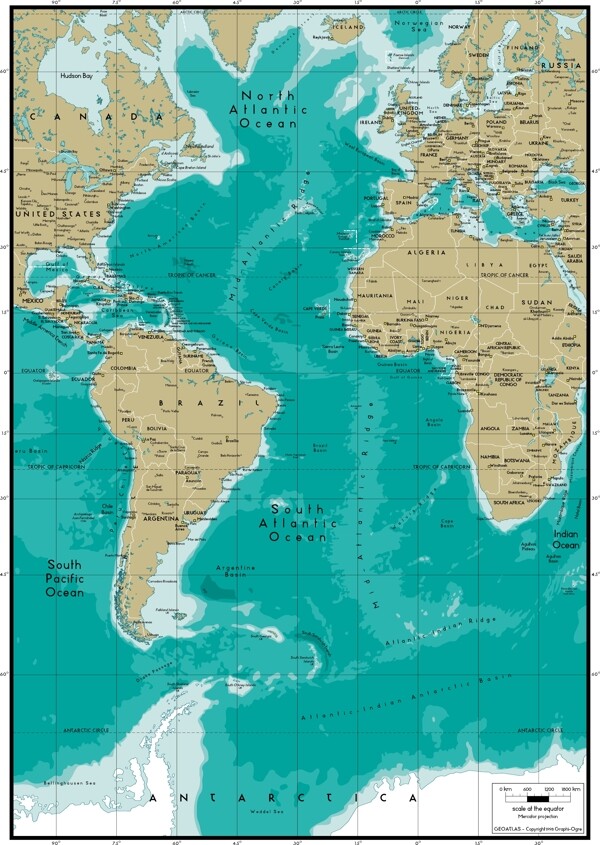 美丽的世界地图矢量素材大西洋地图